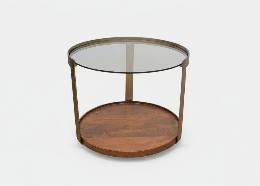 Rajpur Glass & Wood Round Brass Side Table