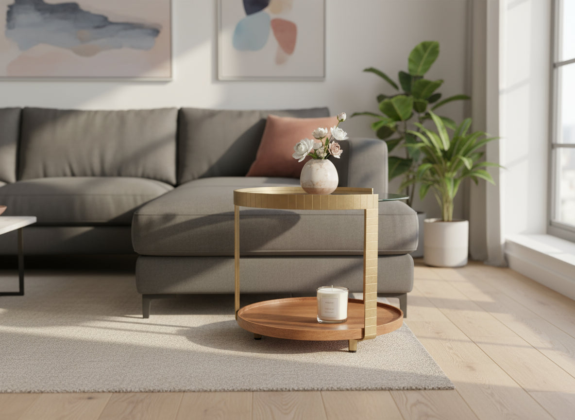 Rajpur Glass & Wood Round Brass Side Table