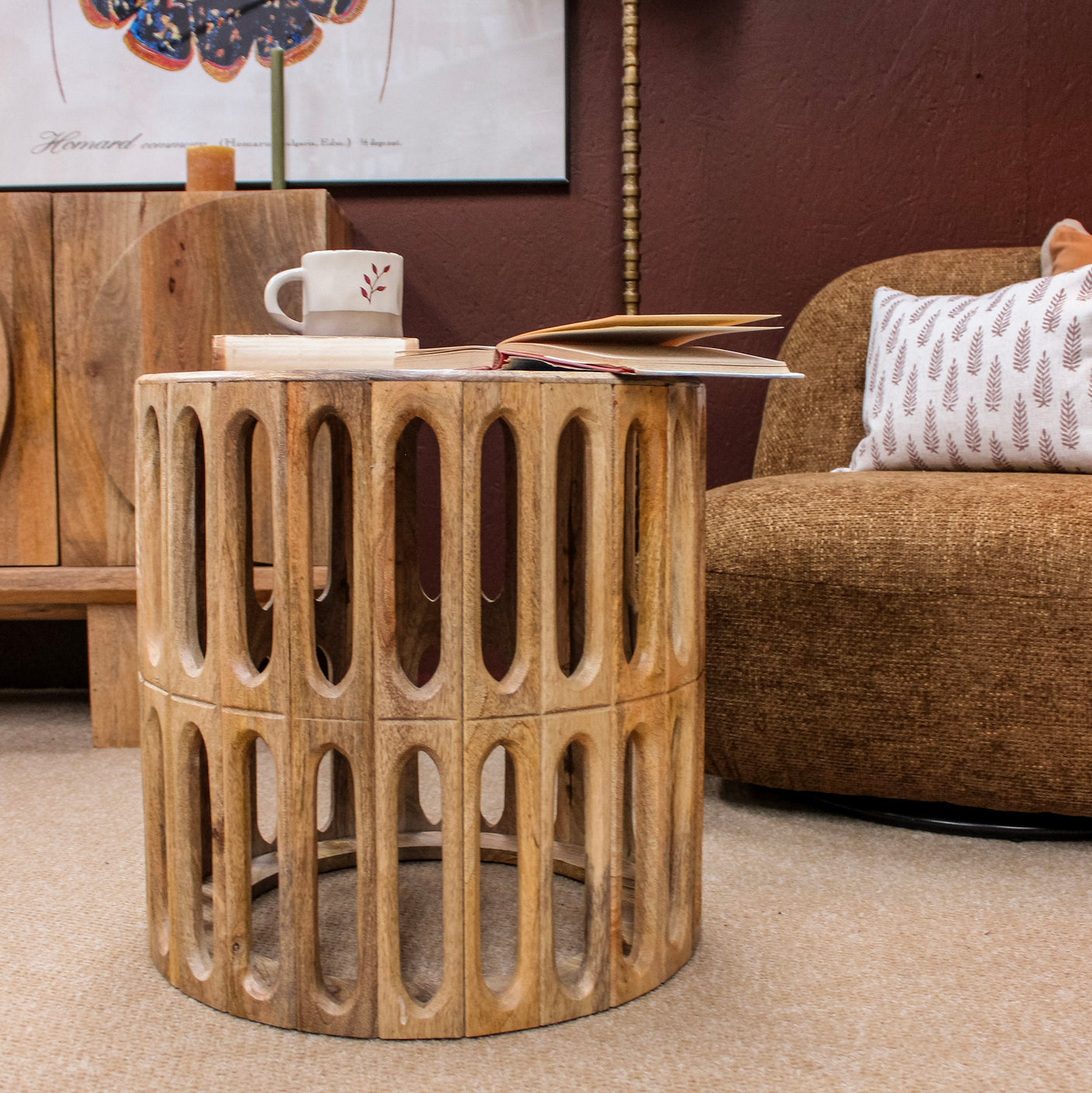 Kankra Wooden Carved Oval Tile Design Side Table