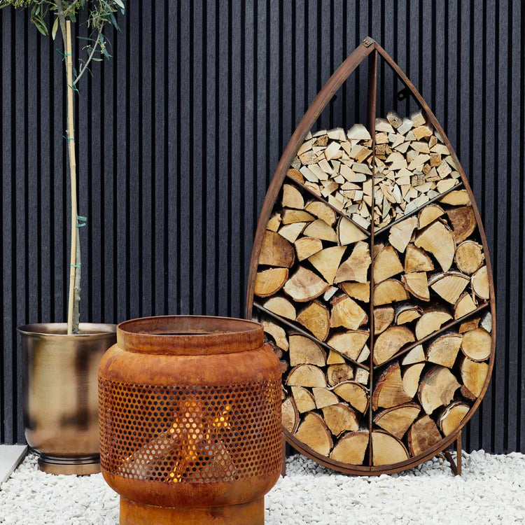 Outdoor Log Storage - Leaf Sculpture on Stand