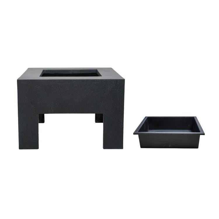 Black rectangular fire pit on a white background