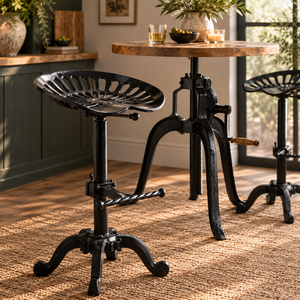 A black industrial-style bar stool with a sculptural seat and leg base stands beside a round wooden table in a sunlit kitchen or bar setting. A second matching stool is partially visible in the background.