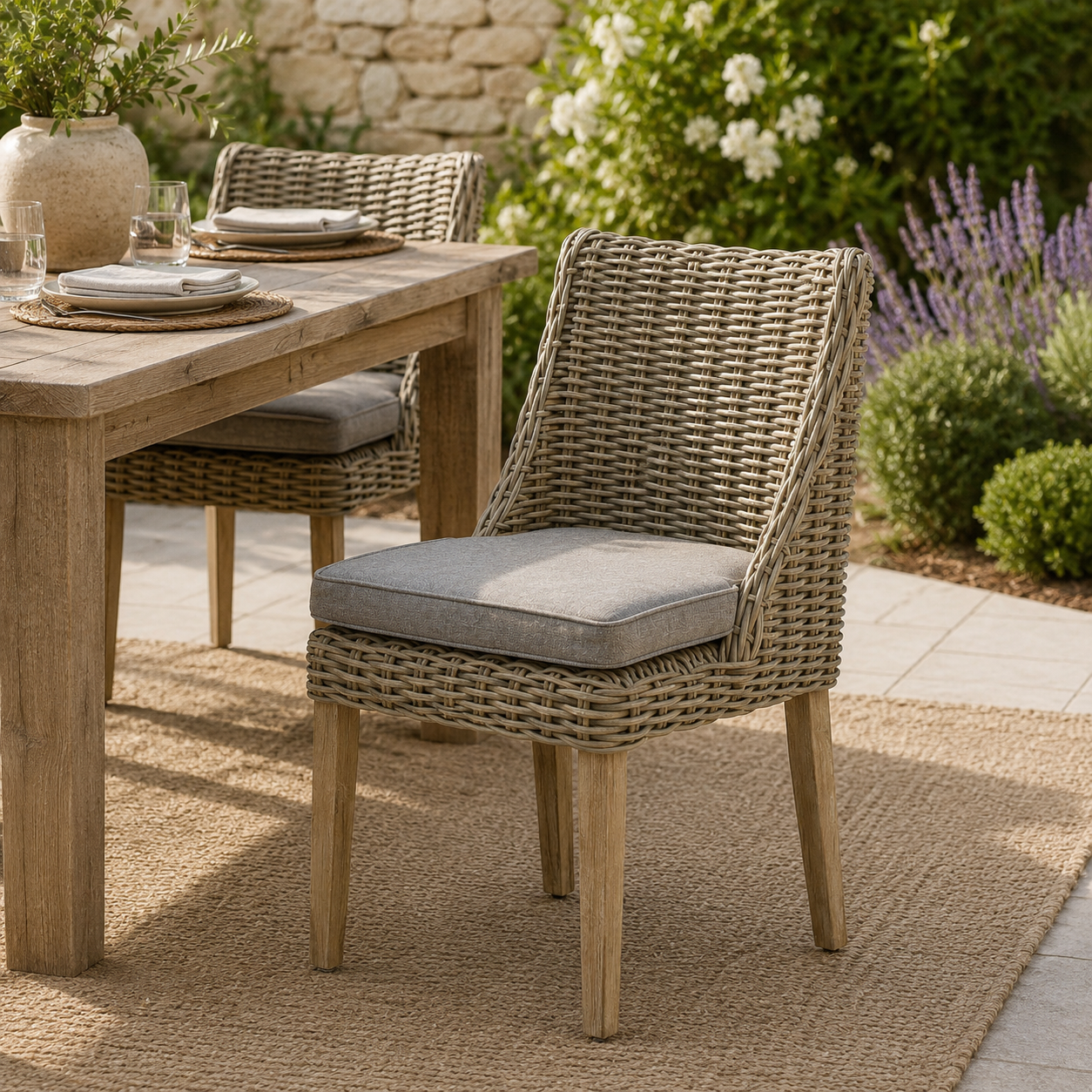 Wicker chair with a cushion in front of a wooden table outdoors.