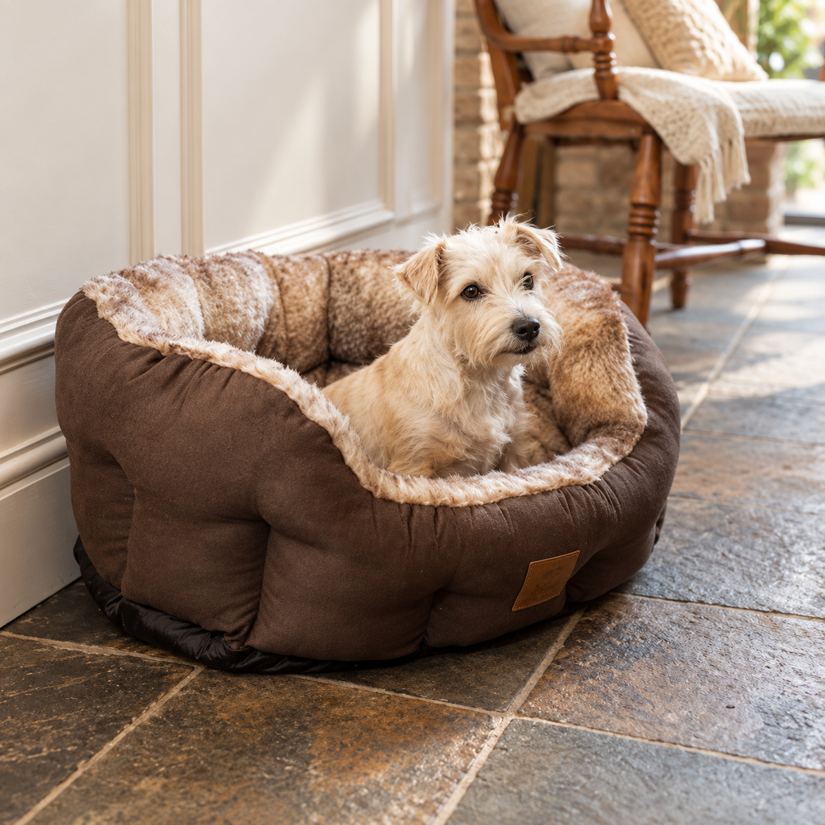 White terrier in the Arctic Fox Snuggle Oval Dog Bed, with brown suede-effect sides and a faux fur lining, on a flagstone floor