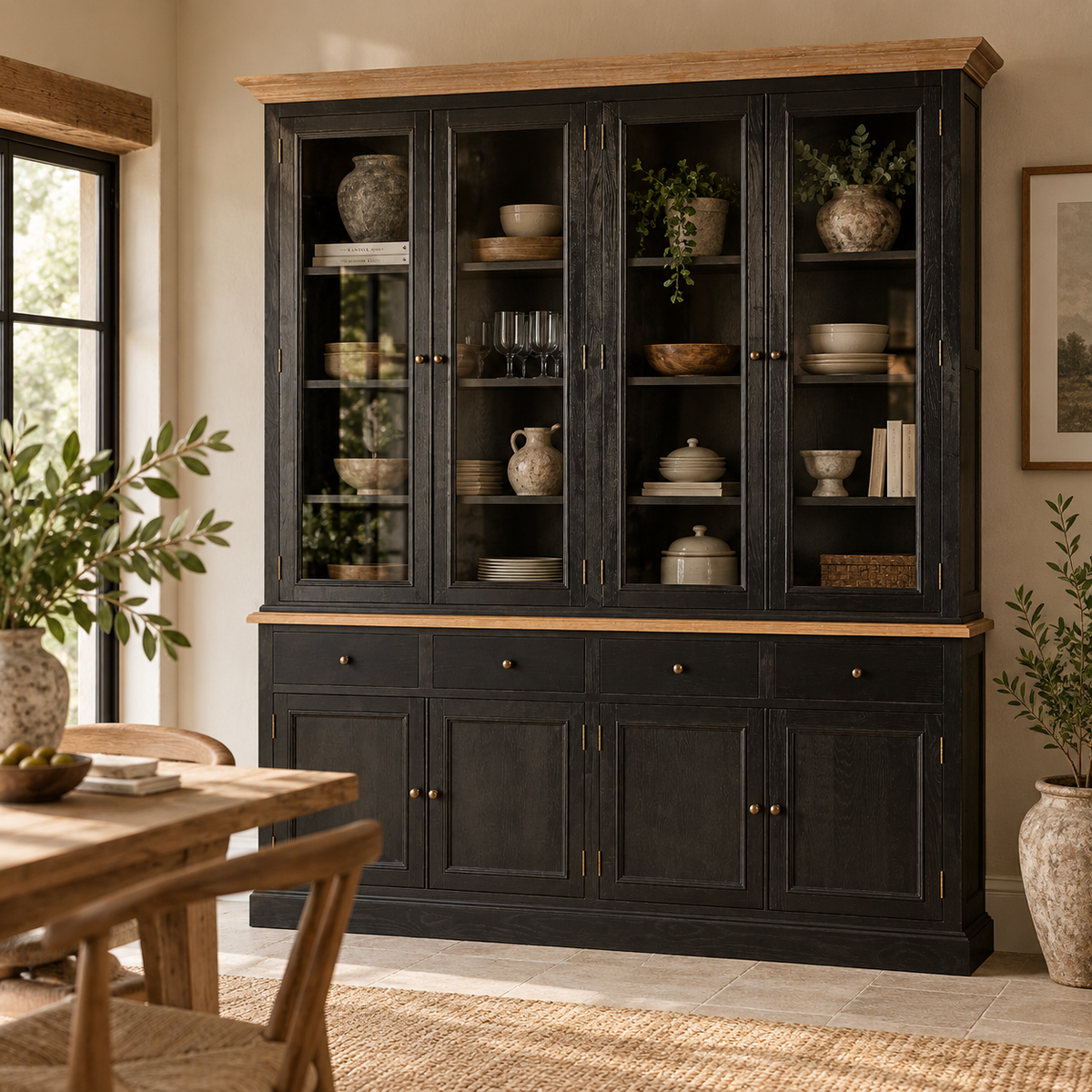 A large black wooden hutch with glass upper doors and a light wood top, styled in a dining room with dishes, plants, and a wooden table nearby.