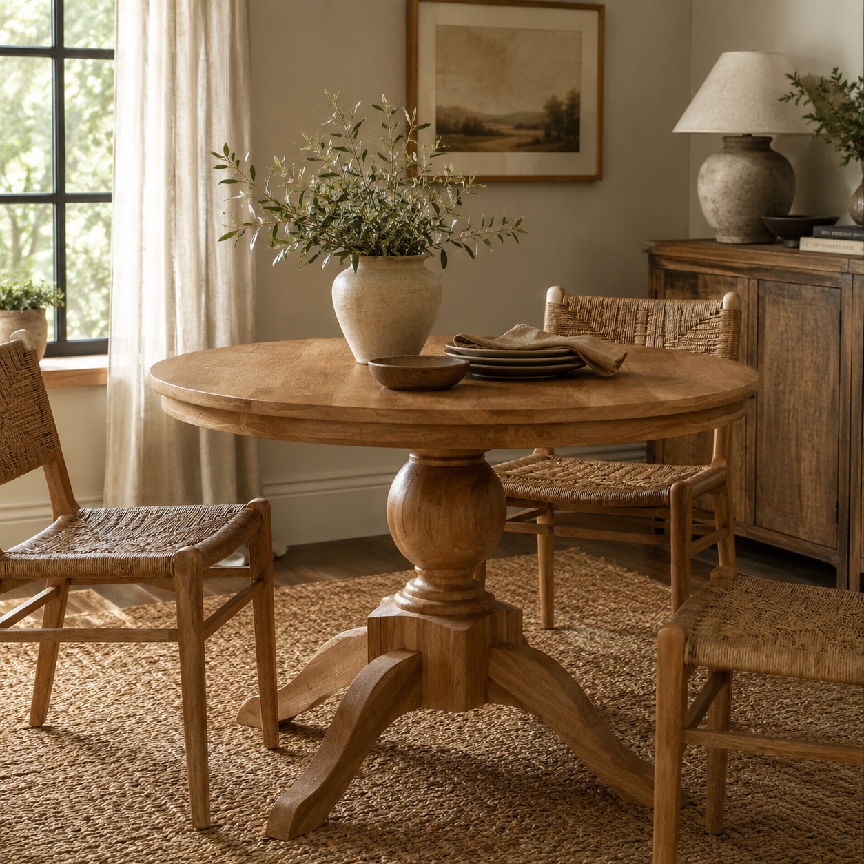 Round wooden pedestal dining table in a warm, rustic room setting with woven chairs, a vase of greenery, and neutral decor.