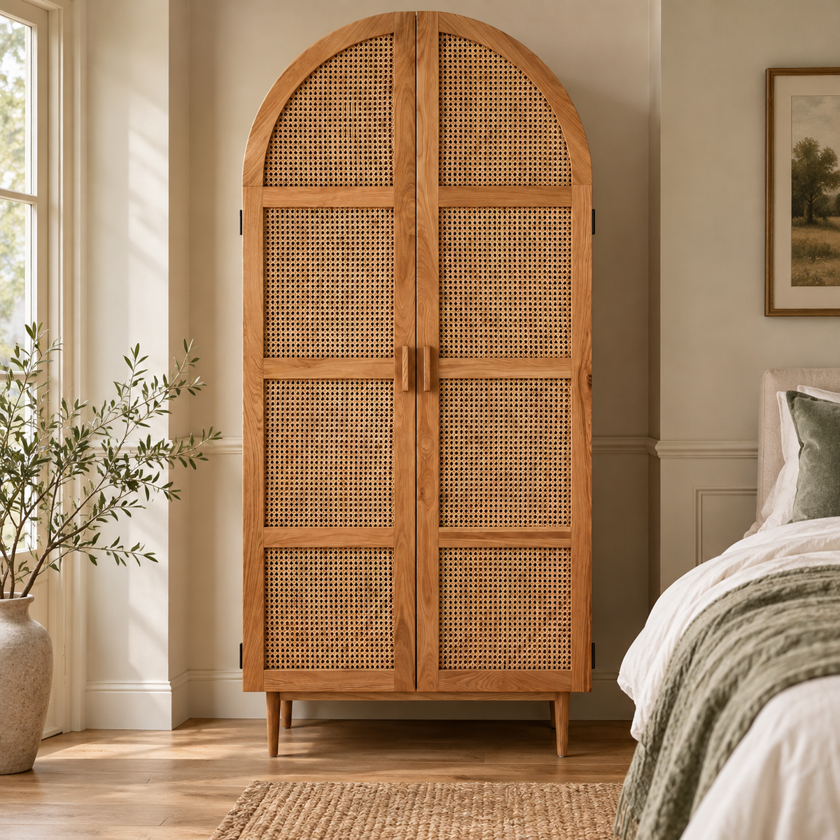 Arden arched oak wardrobe with woven rattan cane doors in a bright bedroom, beside a window and an olive tree