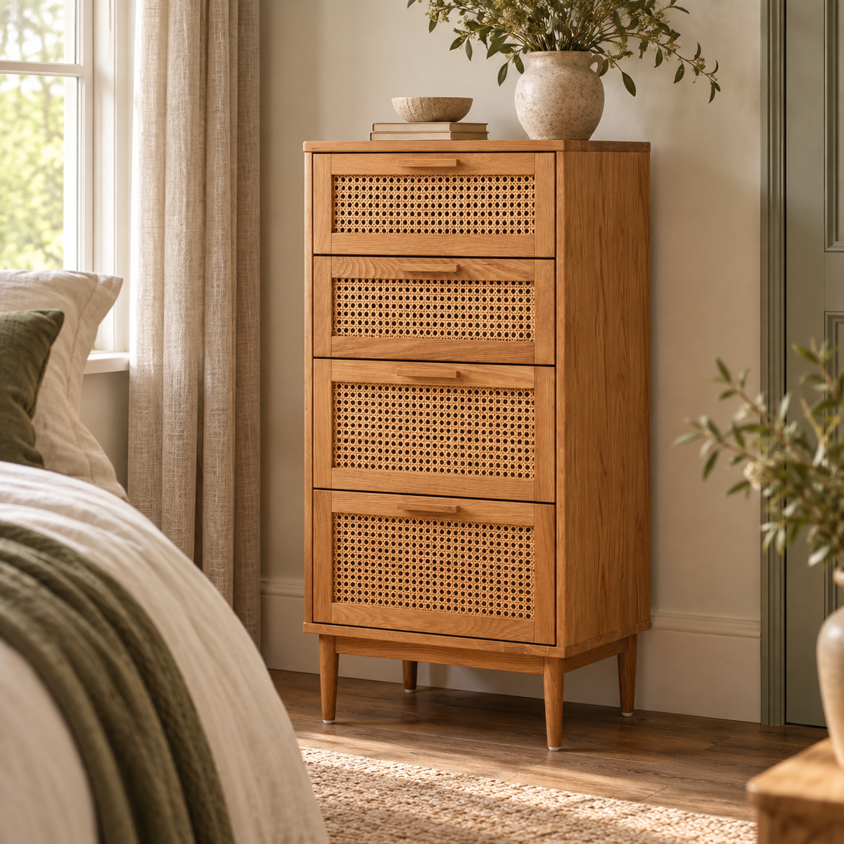 Arden tall four drawer chest in oak with woven rattan cane drawer fronts, standing in a bright bedroom beside a window with a vase on top