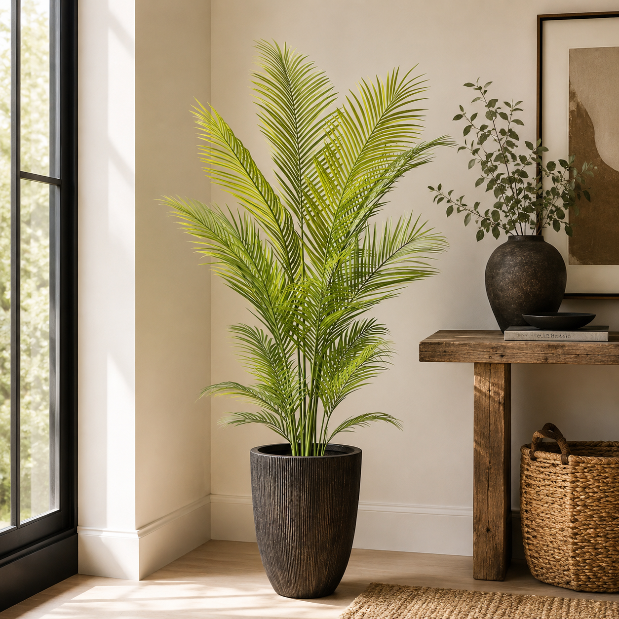 Artificial areca palm in a room with a wooden table and decorative items.
