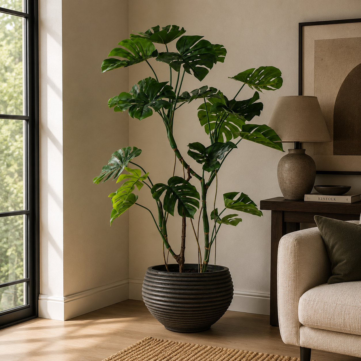 Potted monstera tree in a living room with a lamp and sofa