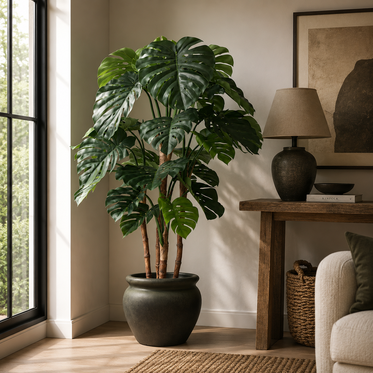 Potted monstera tree in a living room with a lamp and books on a wooden side table.
