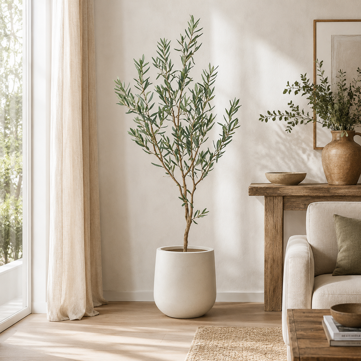 Modern living room with a potted olive tree, wooden table, and sofa.