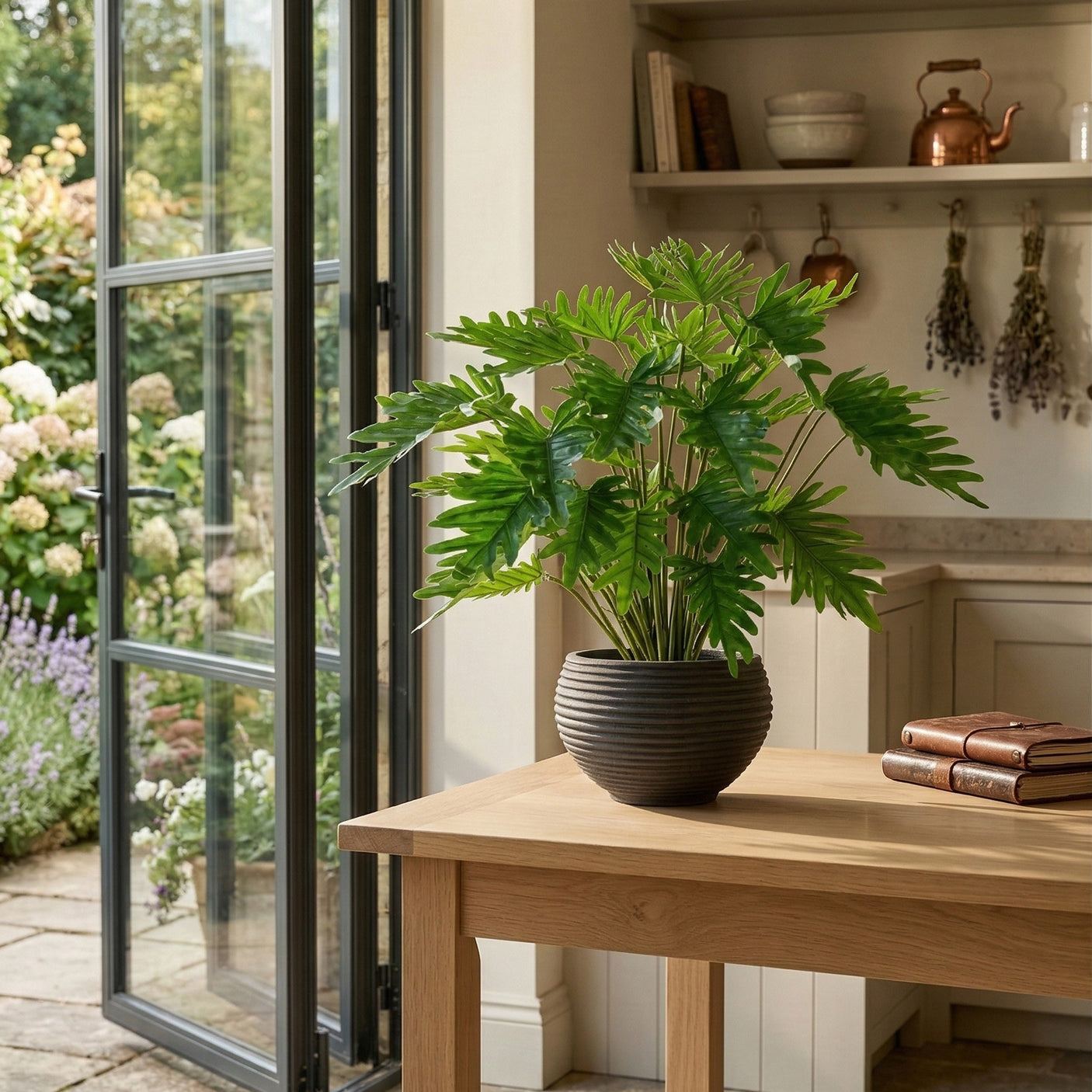 Artificial philodendron plant in grey planter on a kitchen table with open doors and garden views
