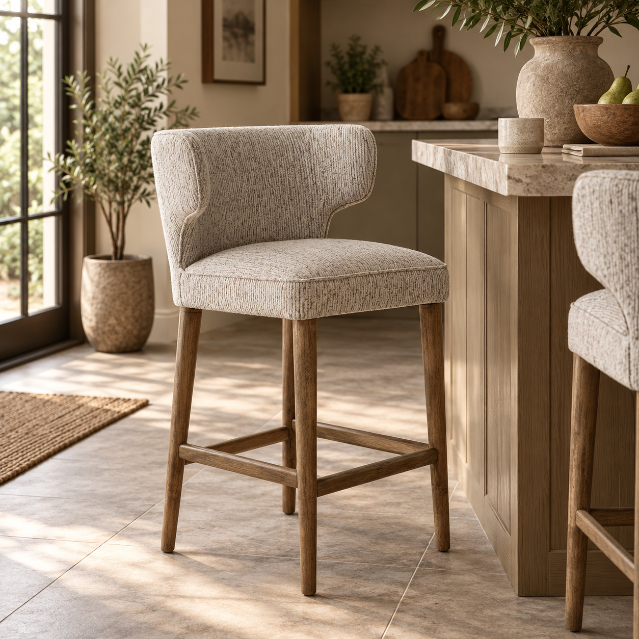 A modern bar stool with a textured light beige upholstered seat and backrest, supported by four tapered natural wood legs, shown in a bright, sunlit kitchen setting.