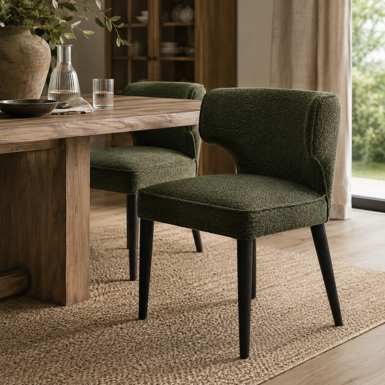 An upholstered dining chair in textured moss green fabric with black legs, shown in a real dining room beside a wooden table and rug.