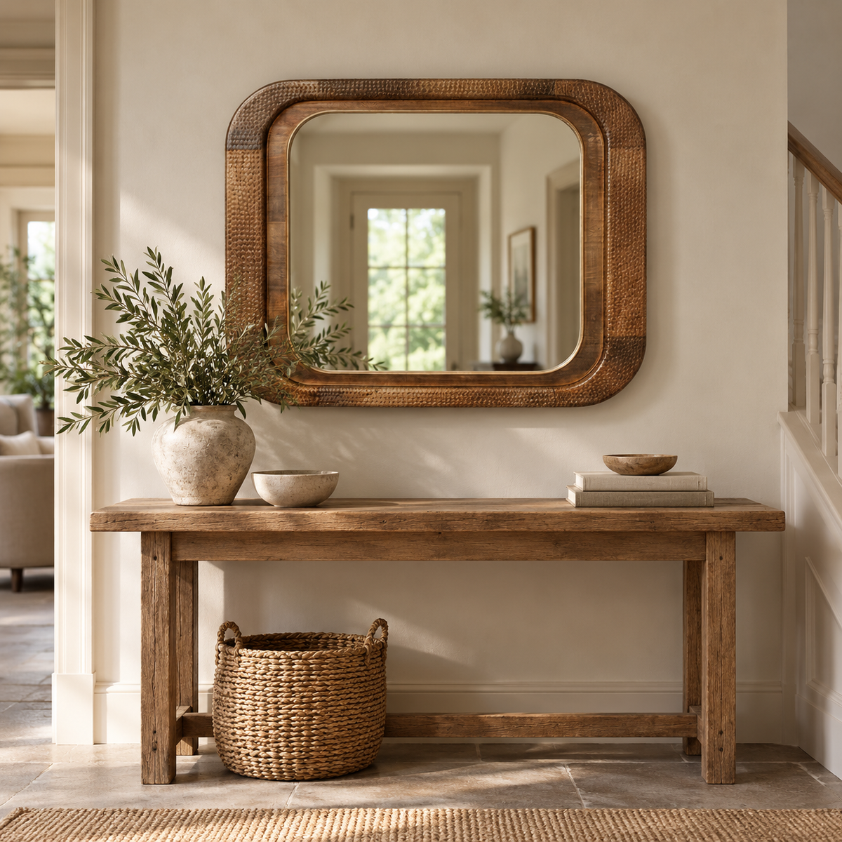 Bala Wooden Rectangle Hammer Design Mirror hung above a rustic wooden console table with a stone vase of olive branches and a woven basket