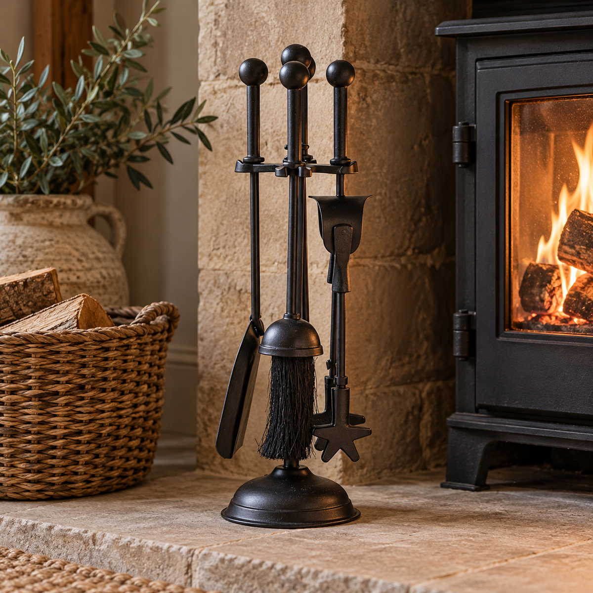 Ball topped black companion set on a stone hearth beside a lit wood burner, with a wicker log basket and olive branches.