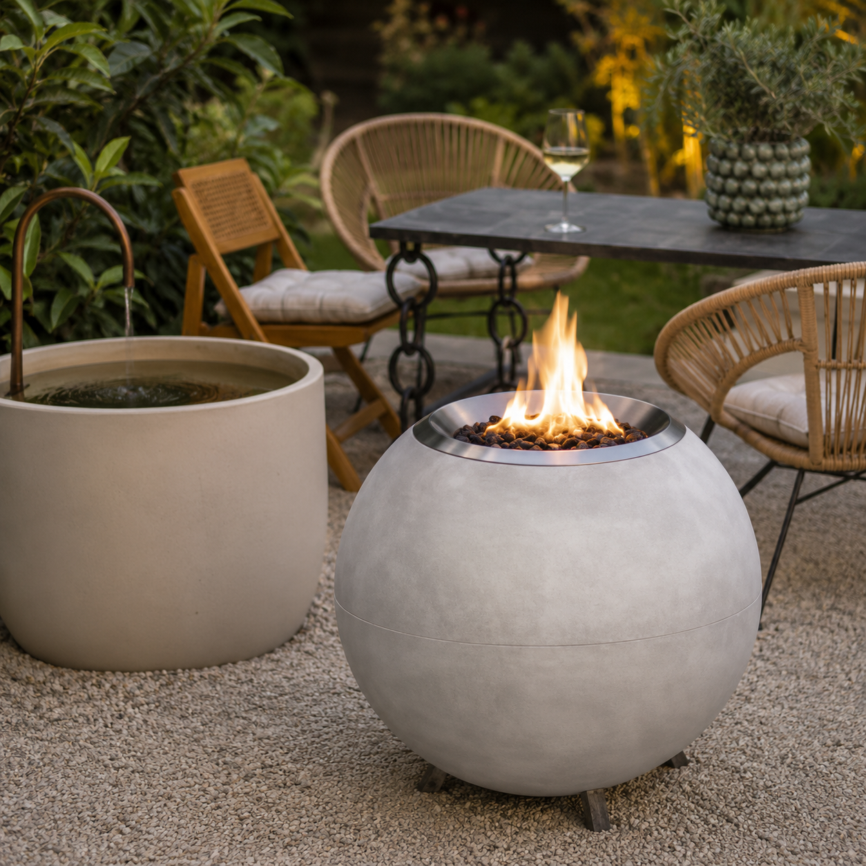 A spherical concrete fire pit with a visible flame, set on a gravel patio in an outdoor garden patio setting with wicker chairs and a dining table in the background.
