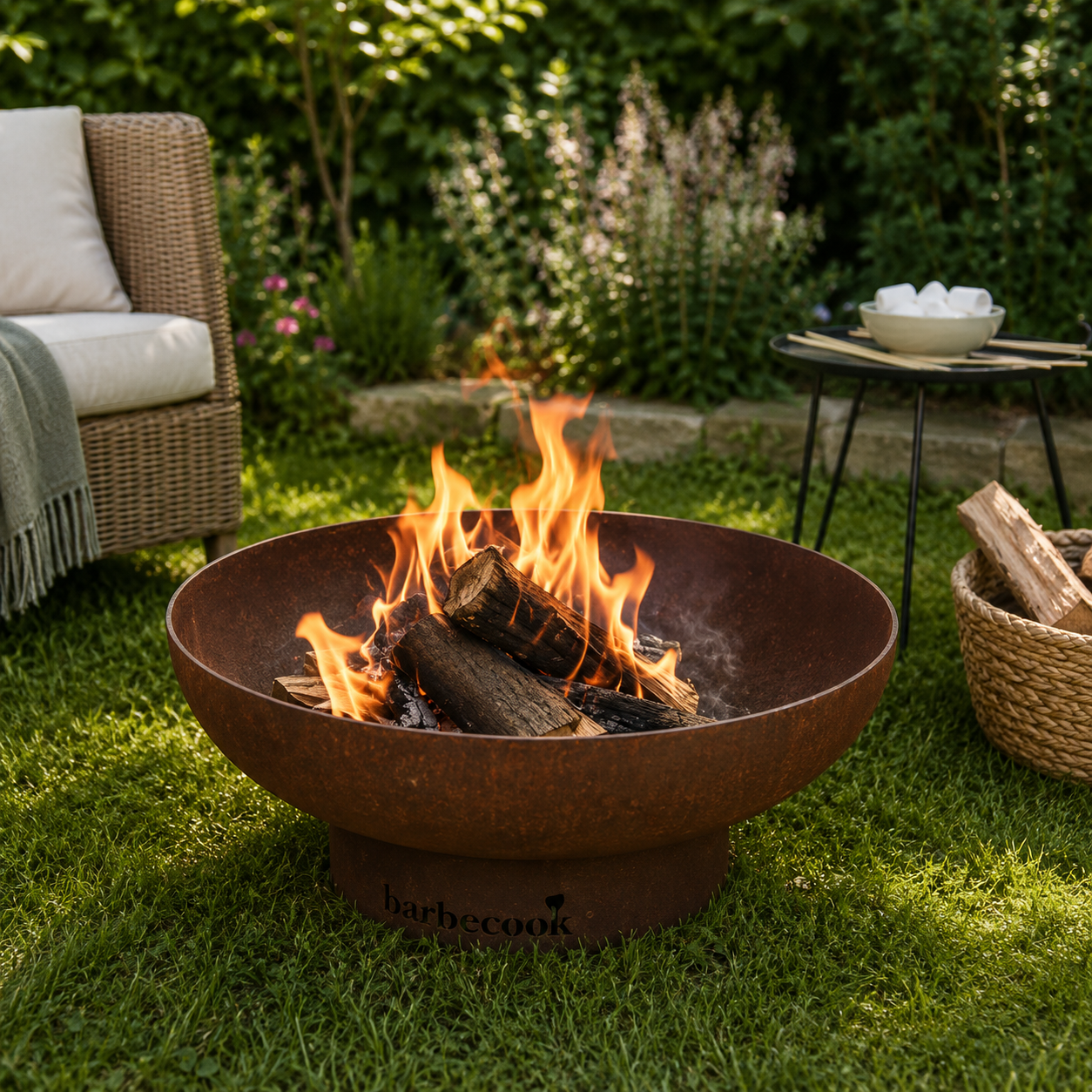 A round rusted metal fire pit bowl with a matching base, containing a burning wood log, placed on green grass in a garden patio setting. The brand name 'barbecue' is printed on the front of the base.