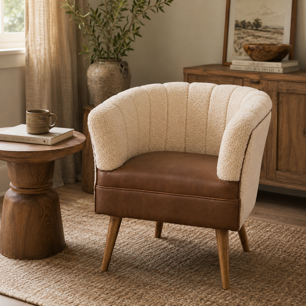 Brown buffalo leather chair with cream boucle backrest in a cosy room setting.