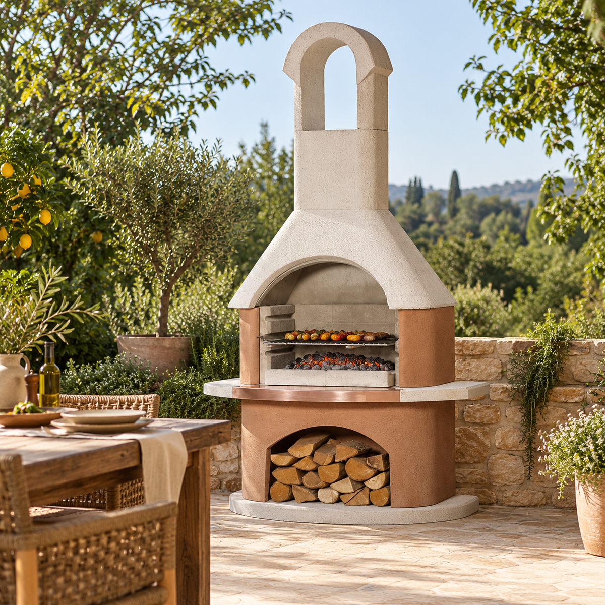 Buschbeck Toscana Masonry Barbecue in white quartz and terracotta with food on the grill and a log store full of firewood, on a sunlit stone terrace beside a rustic dining table and olive trees
