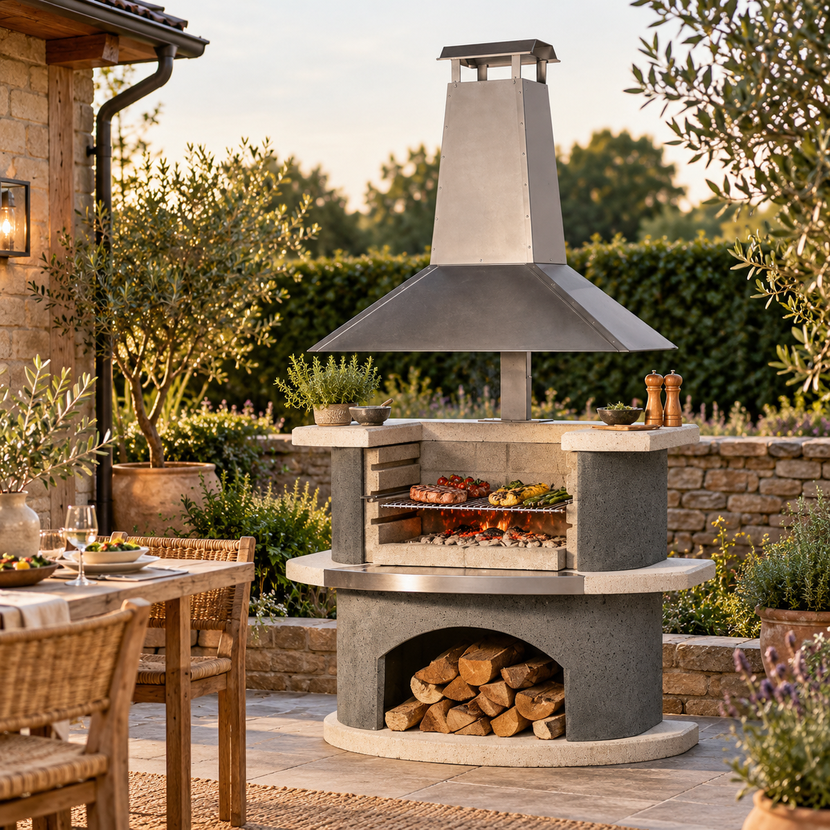 Buschbeck Zurich Masonry Barbecue with its stainless steel hood over meat and vegetables on the grill, log store stacked with firewood, on a stone terrace at golden hour beside a wicker dining set and olive trees