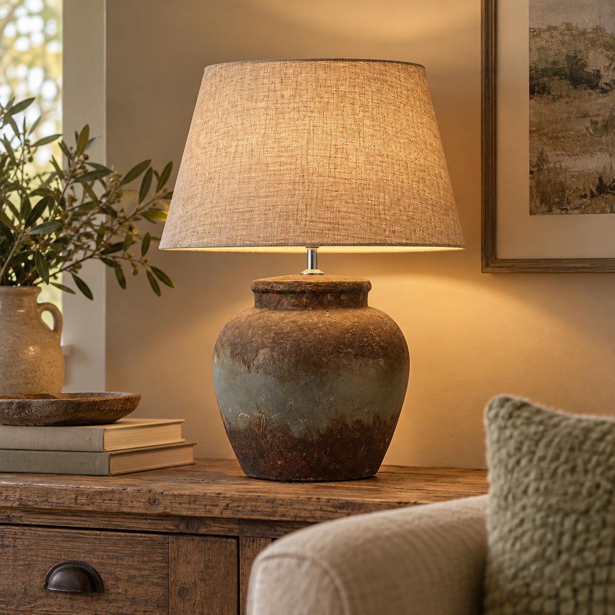 Castello Aged Stone Ceramic Table Lamp lit on a wooden chest beside olive branches and books
