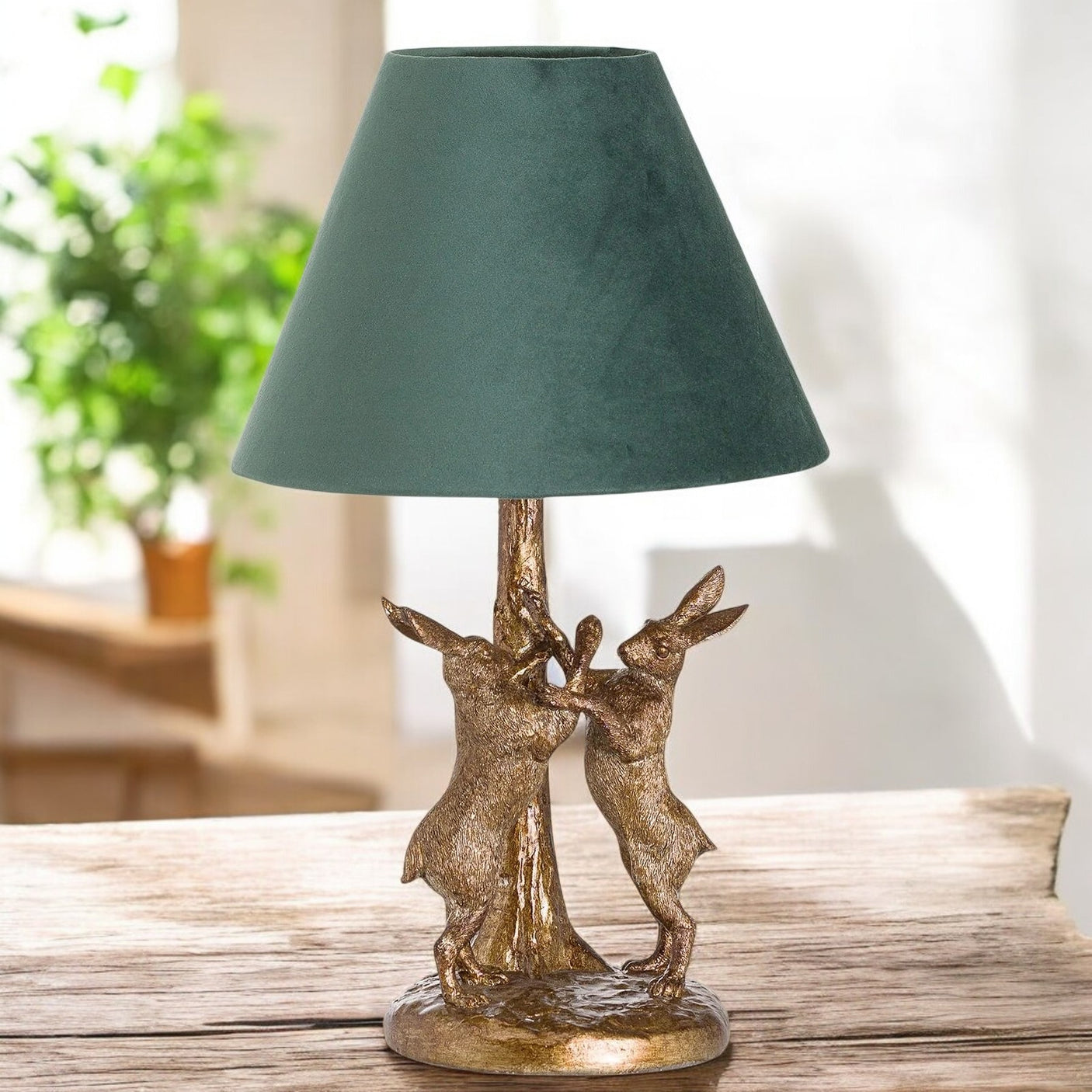 Antique Gold Marching Hares Lamp With Green Velvet Shade