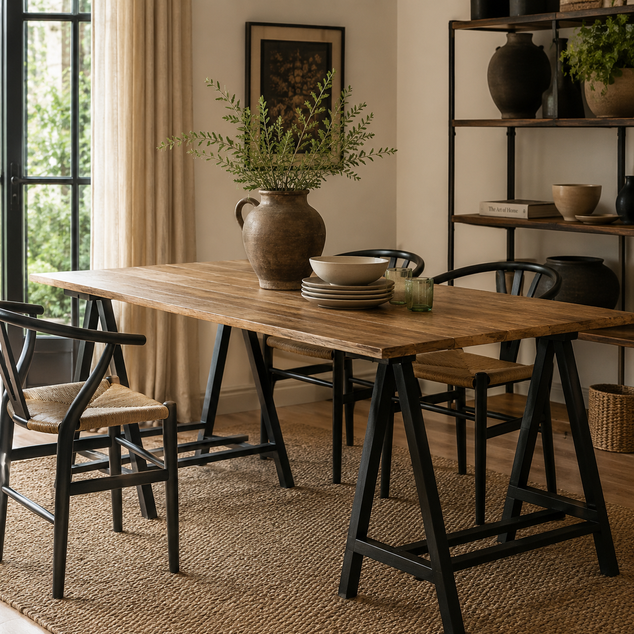A rustic wooden dining table with black trestle-style metal legs, styled in a warm, modern dining room with chairs, a woven rug, and a large ceramic vase on top.