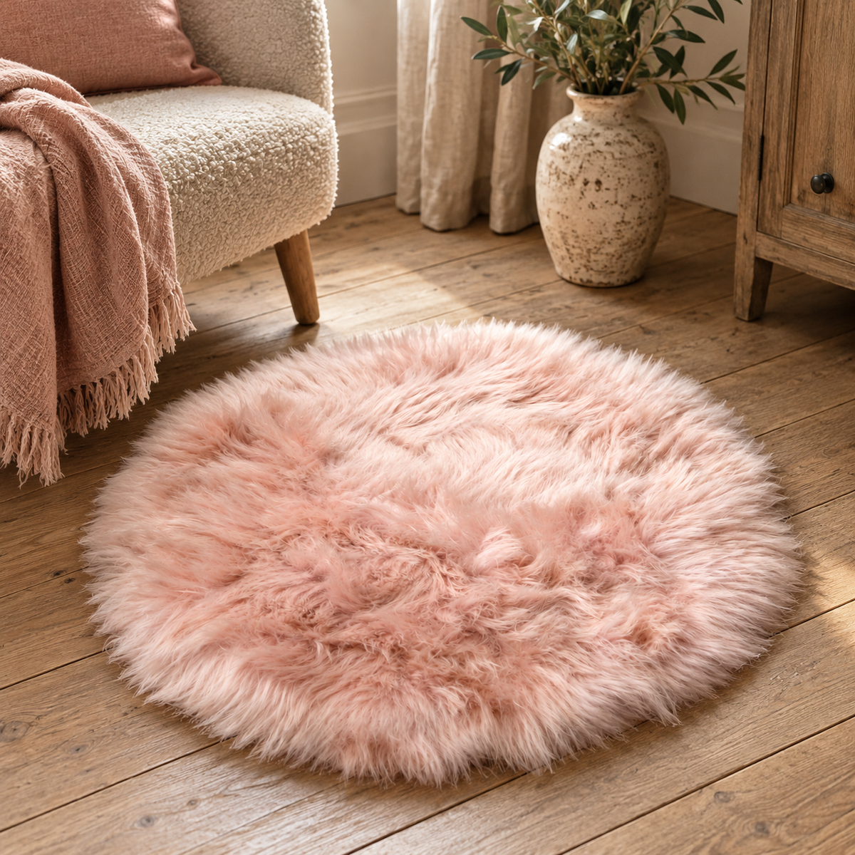 Circular Pink Sheepskin Rug on a wooden floor beside a cream armchair with a pink throw