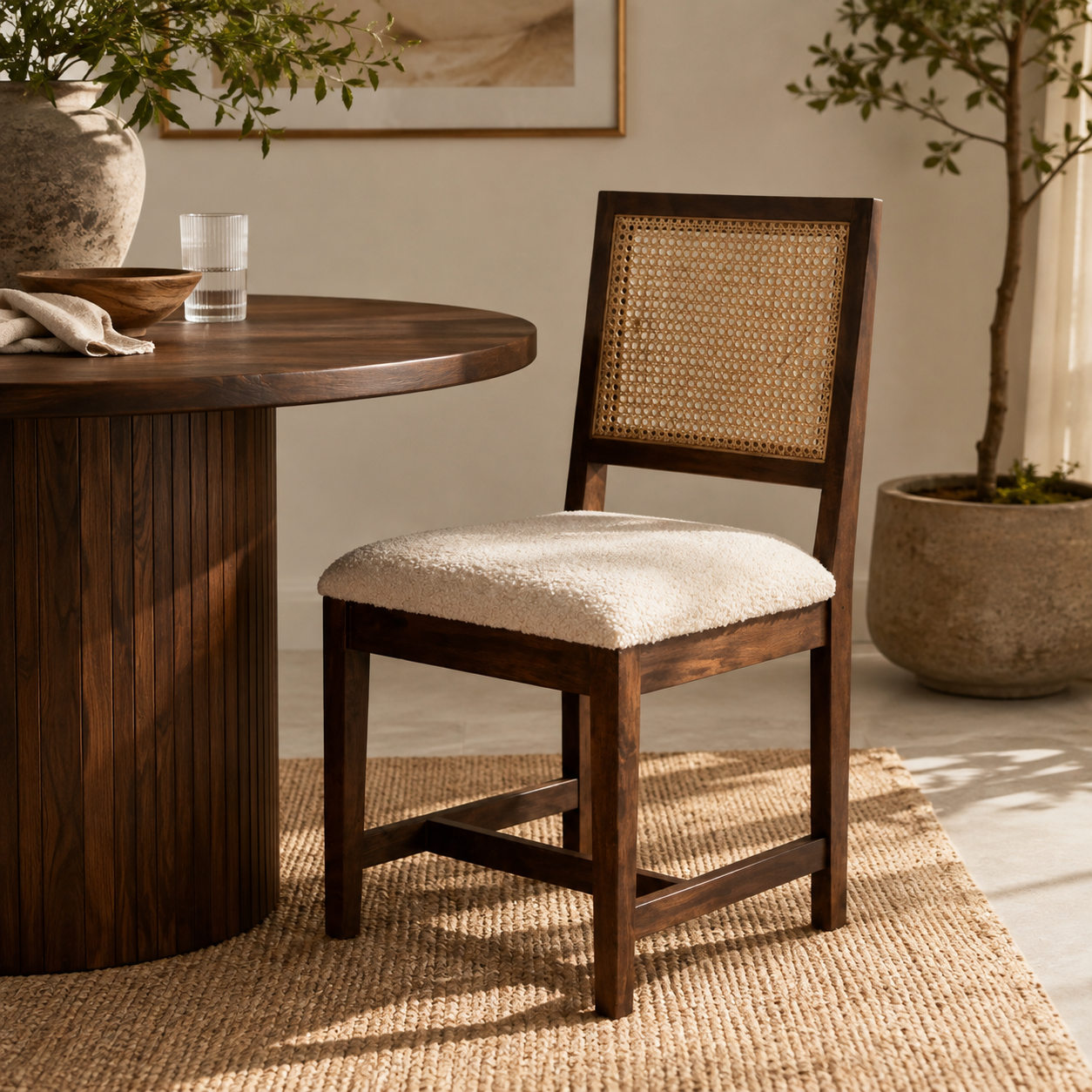 A wooden dining chair with a woven cane backrest and a cream bouclé seat cushion, styled next to a round wooden table on a jute rug in a warm, sunlit room.