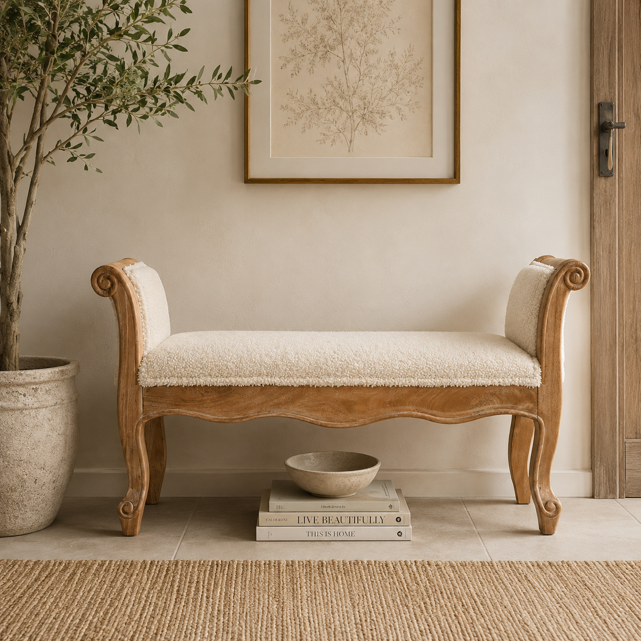 Cream boucle french style bench beside a large plant and a woven rug.