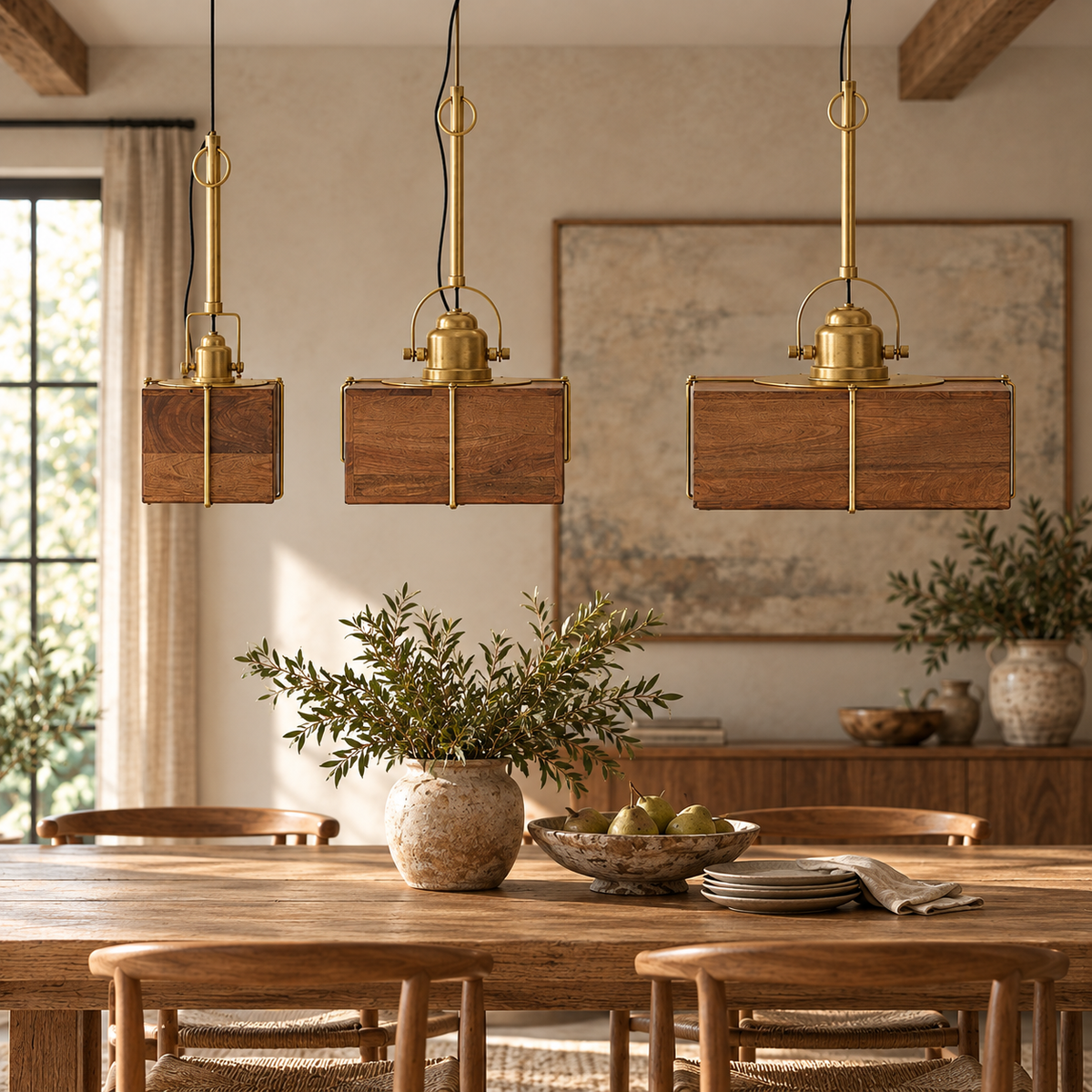 Small, medium and large Dabla Square Wooden & Brass Pendant Lights over a farmhouse dining table
