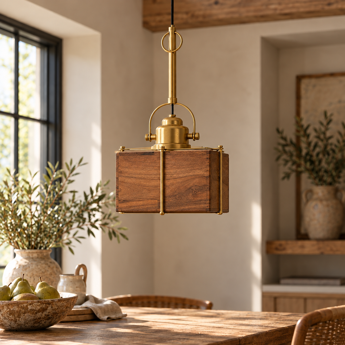 Medium Dabla Square Wooden & Brass Pendant Light over a dining table with olive branches