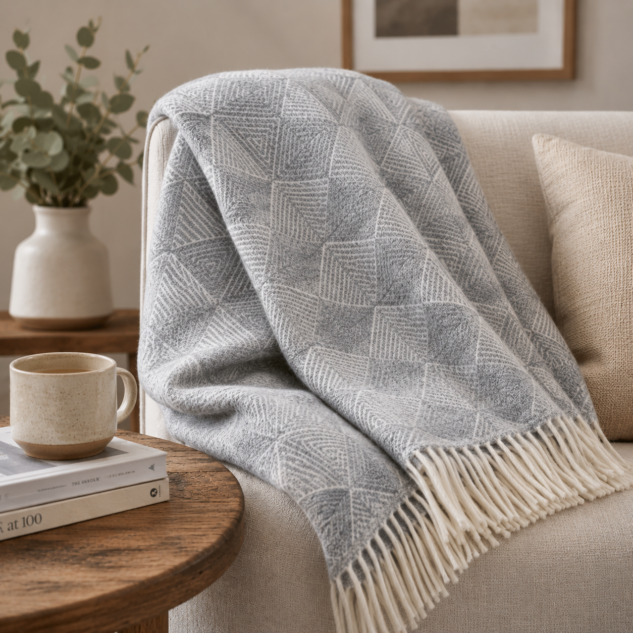 A grey wool blanket with a diamond pattern draped over a beige sofa beside a side table with books and a coffee mug