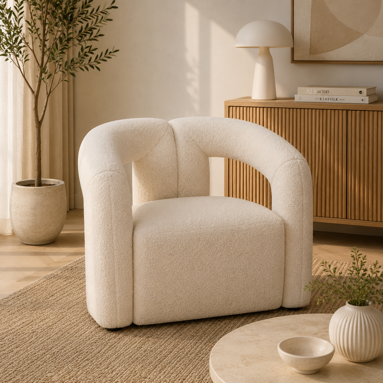 Diana ivory boucle statement chair n a room with a woven rug, plant and wooden sideboard and decor items