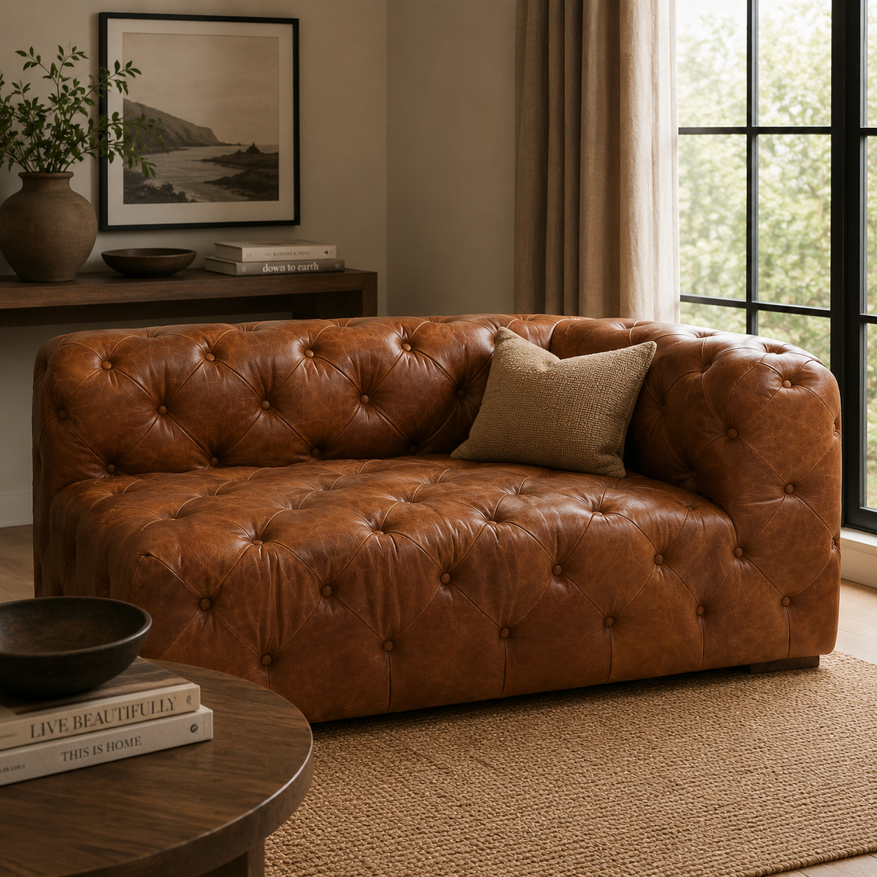 Durango brown leather right arm sofa in a neutral room setting