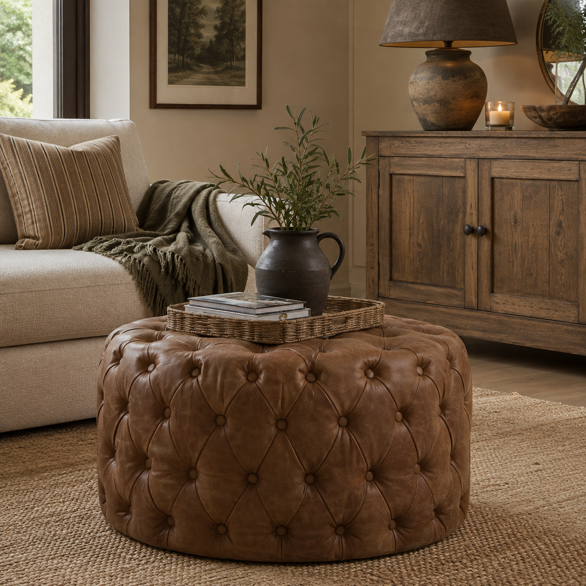 A round brown tufted leather ottoman in a cozy living room setting, styled with a wicker tray, a dark ceramic vase with greenery, and books on top.