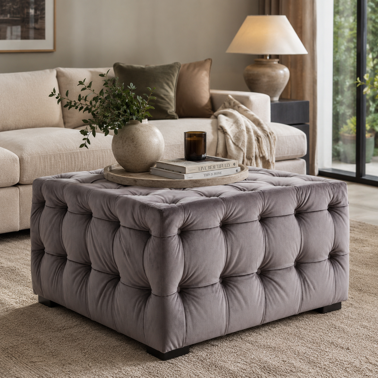 A grey velvet square ottoman in front of a cream sofa with decor items and a lamp