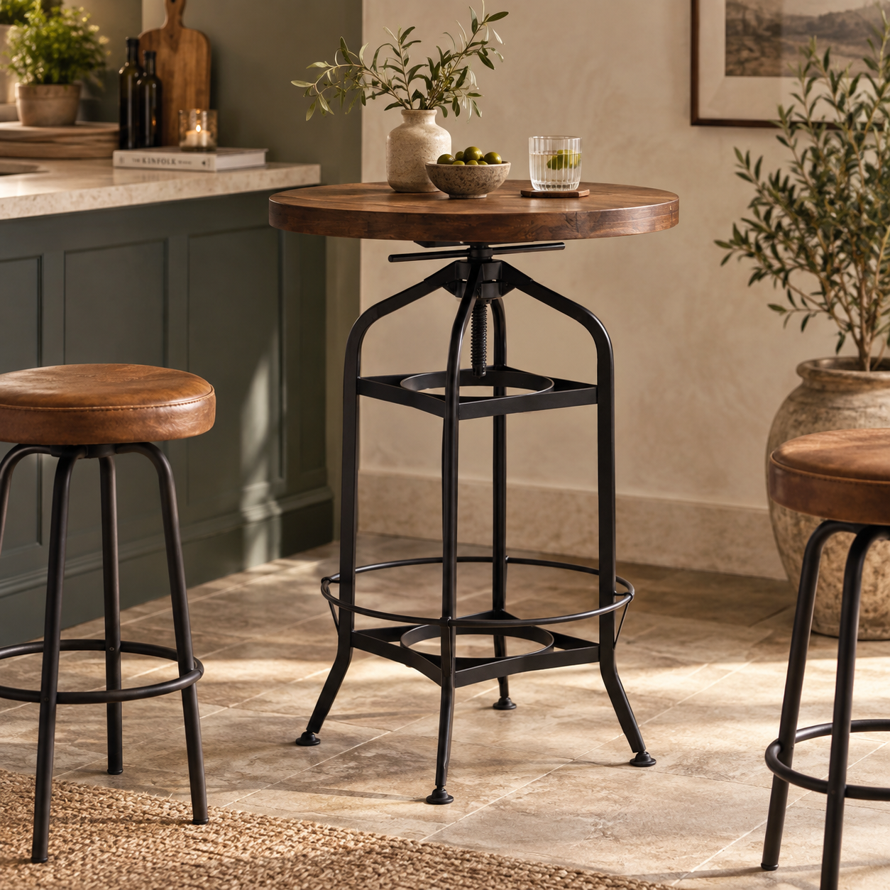 A round wooden bar-height table with a black metal swivel pedestal base and stool-style legs, shown in a styled kitchen or bar setting with other matching stools and plants.