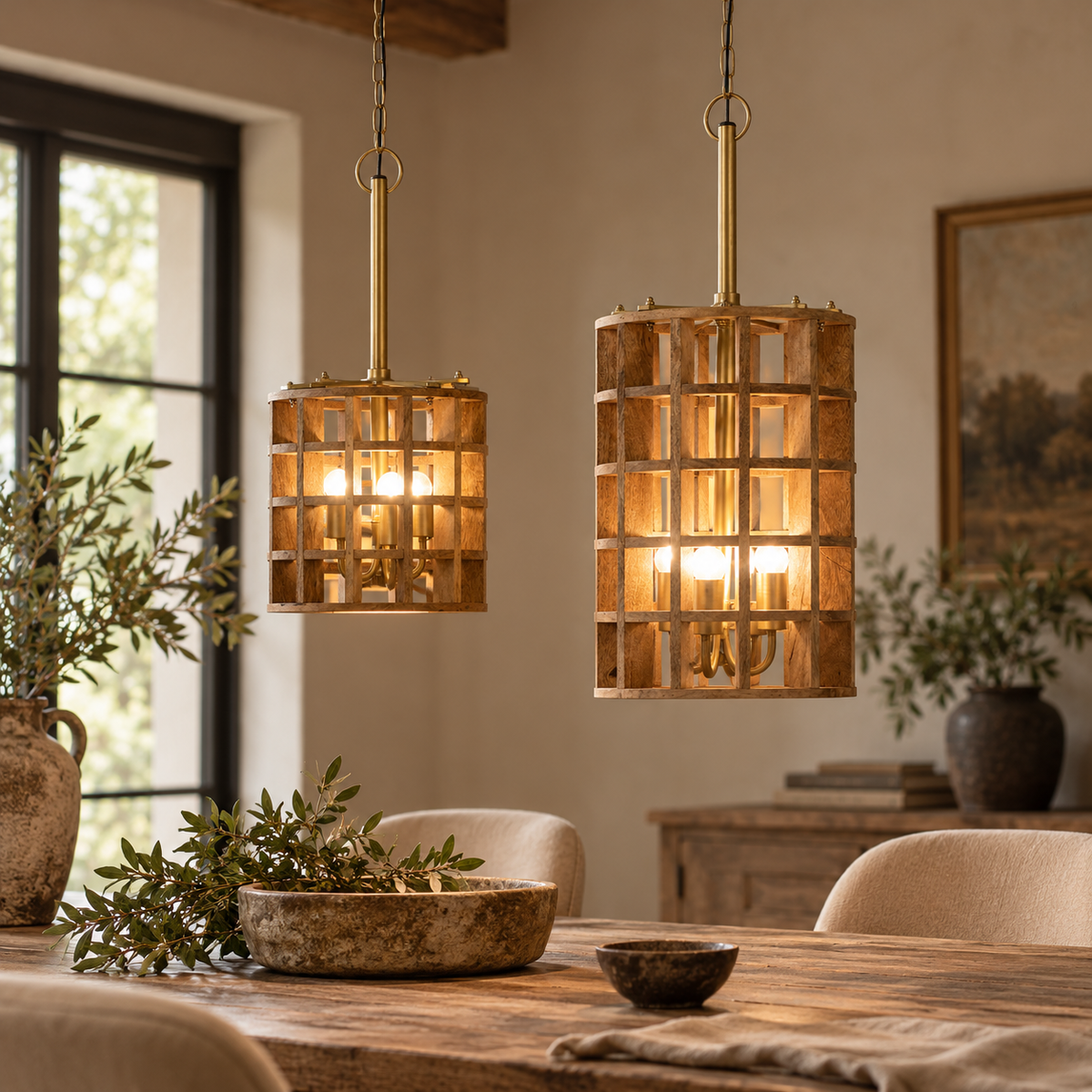 Two Gerai Natural Mango Wood Grid Ceiling Lamps lit over a rustic wooden dining table with olive branches
