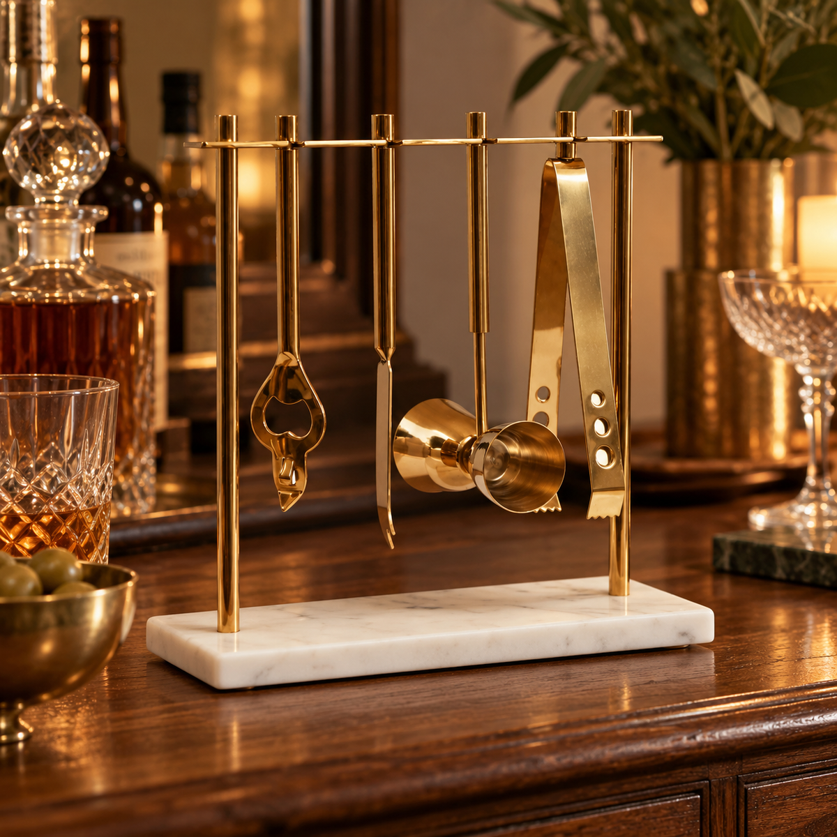 Loxley white marble and gold finish bar tool stand on a sideboard beside decanters and glasses