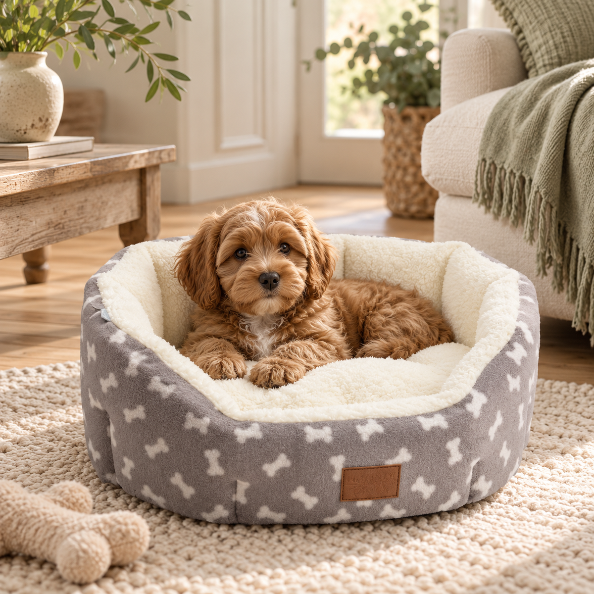 Cockapoo puppy sitting in the Grey Fleece Bone Print Oval Snuggle Puppy Bed on a cream rug, with a rope bone toy and a wooden coffee table
