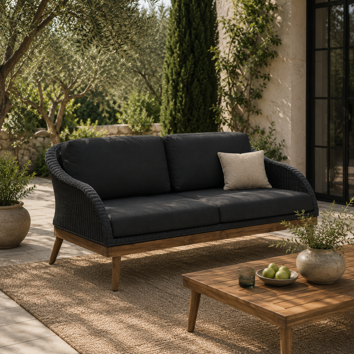 Outdoor sofa with dark cushions on a patio with a wooden table and plants.