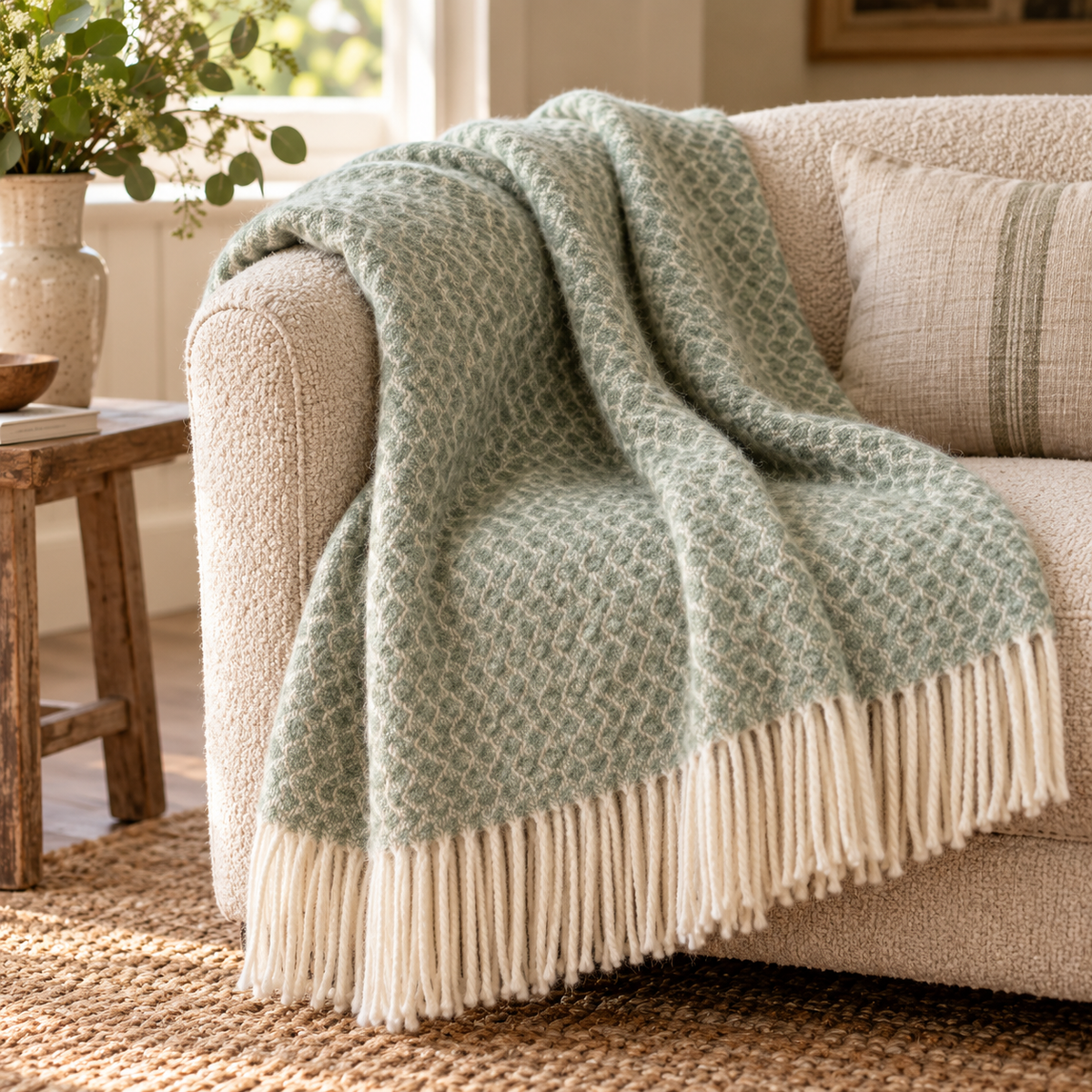 Hoop Pattern Green Wool Blanket with a cream fringe draped over a cream boucle sofa beside a rustic wooden side table, jute rug and a vase of greenery
