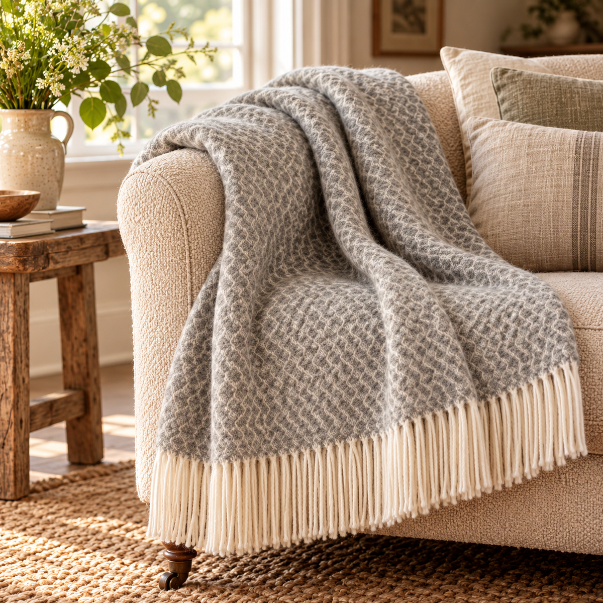 Hoop Pattern Grey Wool Blanket with a cream fringe draped over a cream boucle sofa beside a rustic wooden side table, jute rug and a vase of greenery
