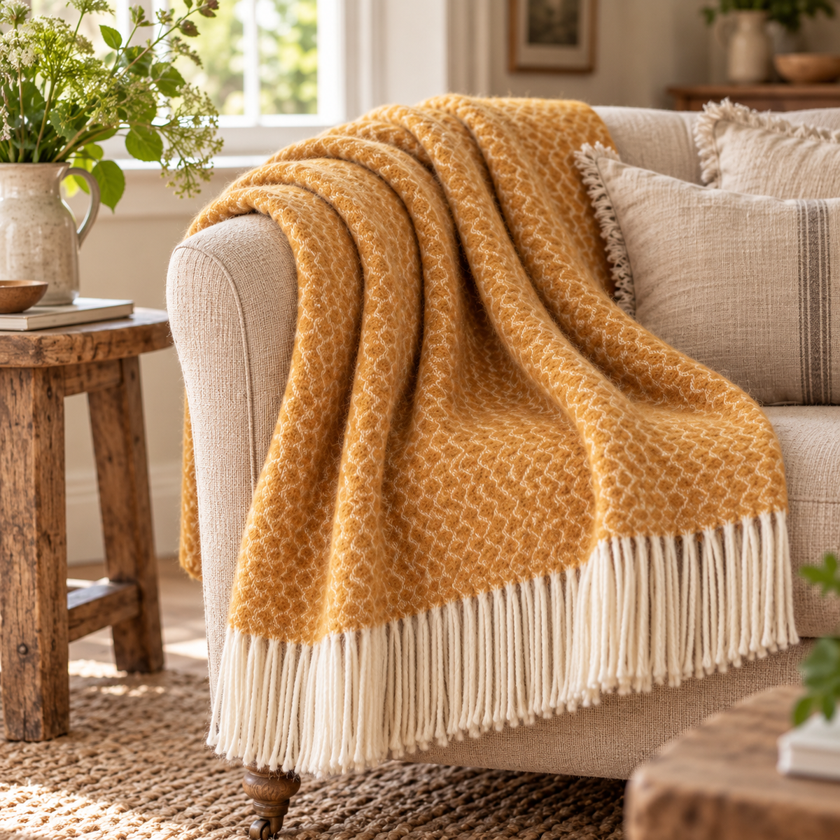 Hoop Pattern Mustard Wool Blanket with a cream fringe draped over a cream boucle sofa beside a rustic wooden side table, jute rug and a vase of greenery