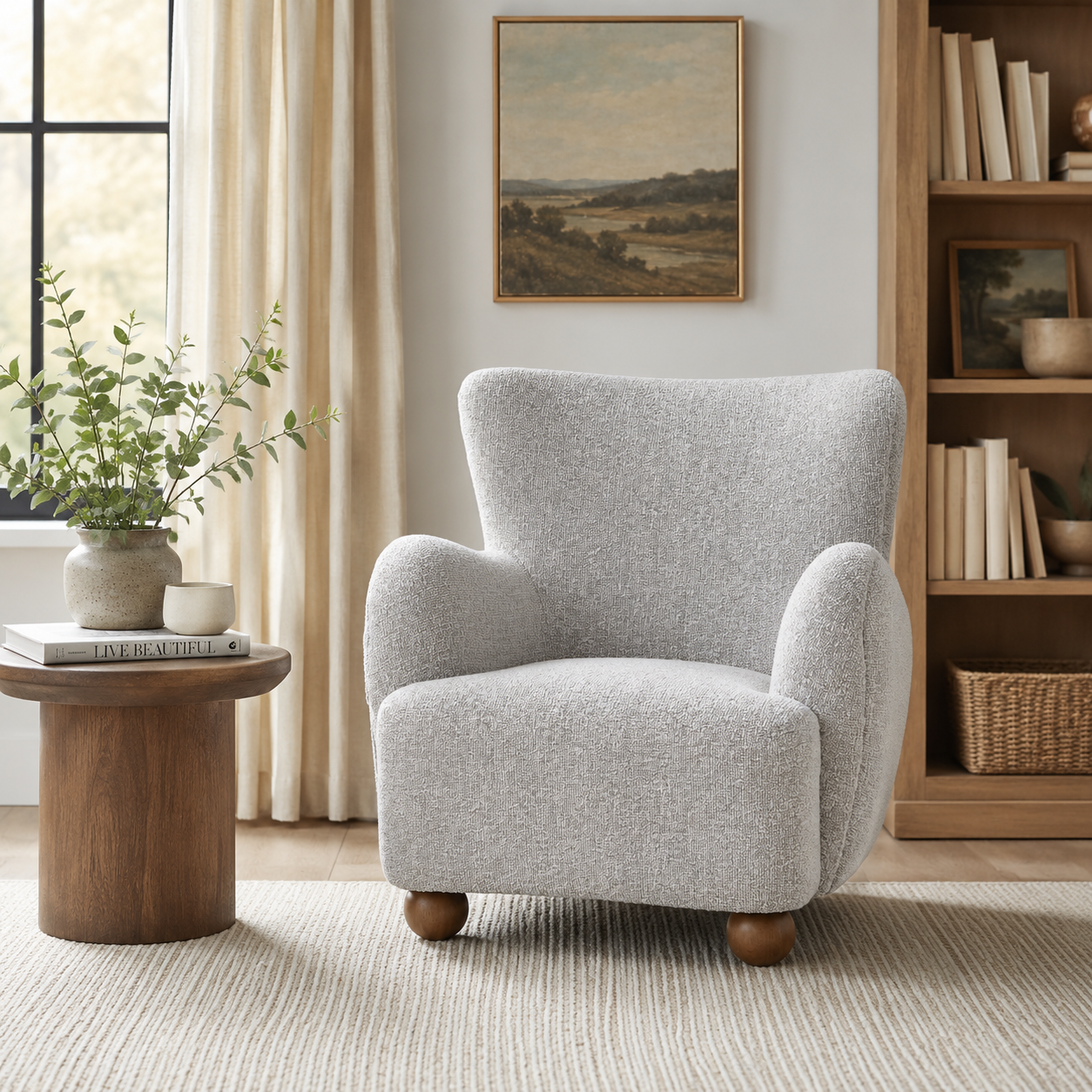 Gray armchair in a cozy living room with a wooden side table, plant, and bookshelf.