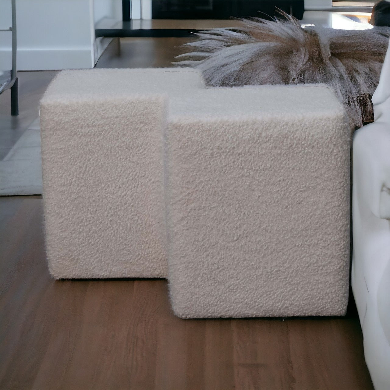 White Bouclé Twin Footstool