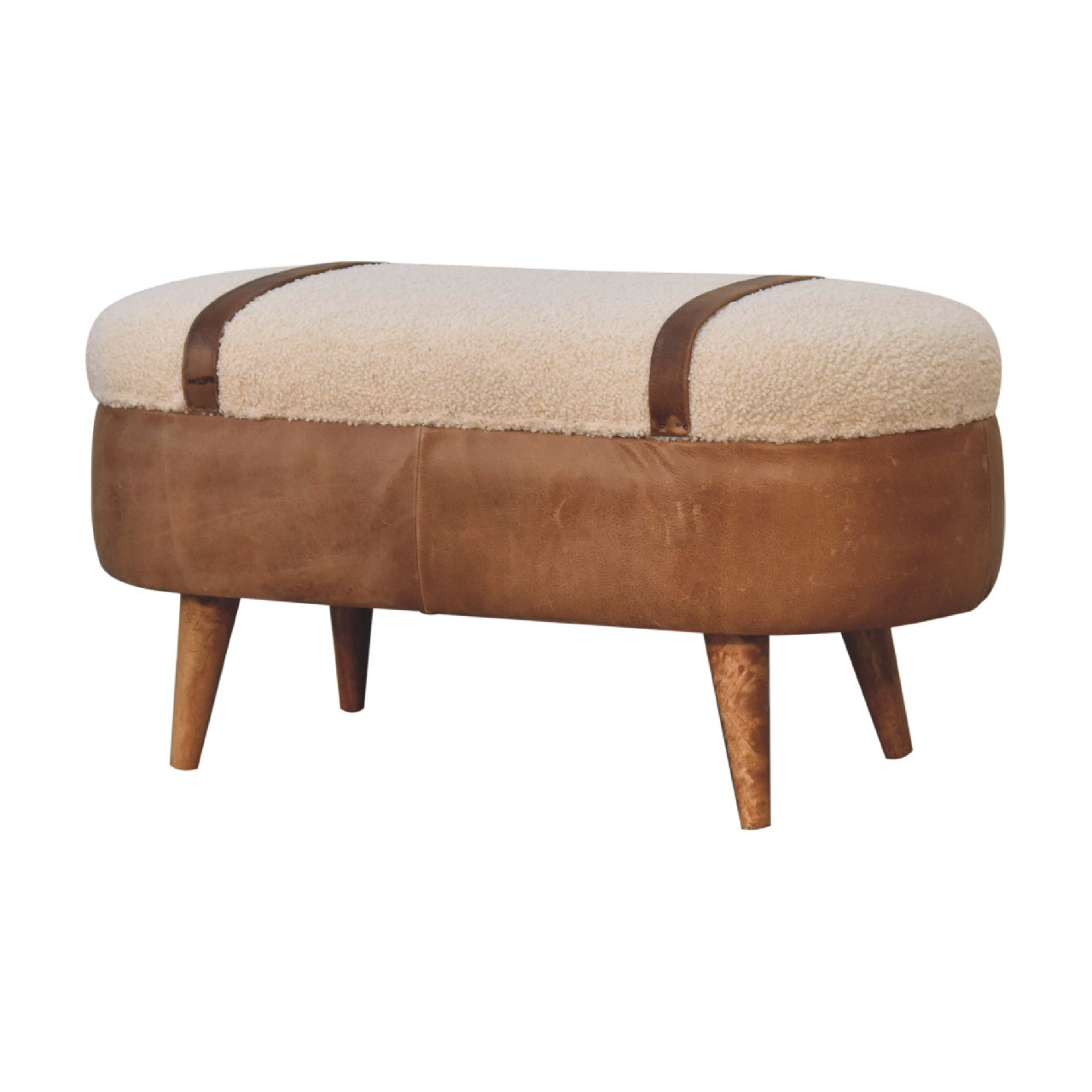 A beige boucle seat bench with brown buffalo leather straps and a wooden base with four legs on a white background